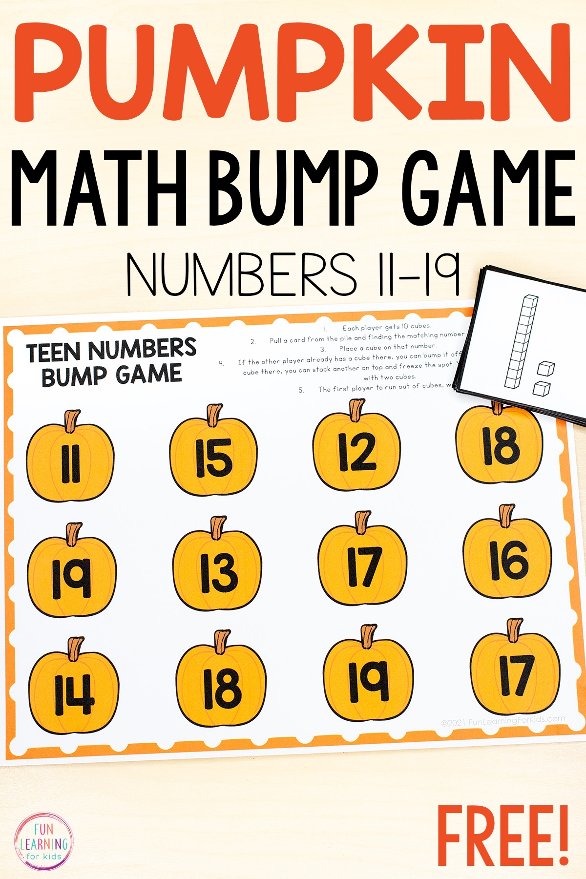 Pumpkin Teen Numbers Bump Game Free Printable Pumpkin Teen Numbers Bump Game Free Printable