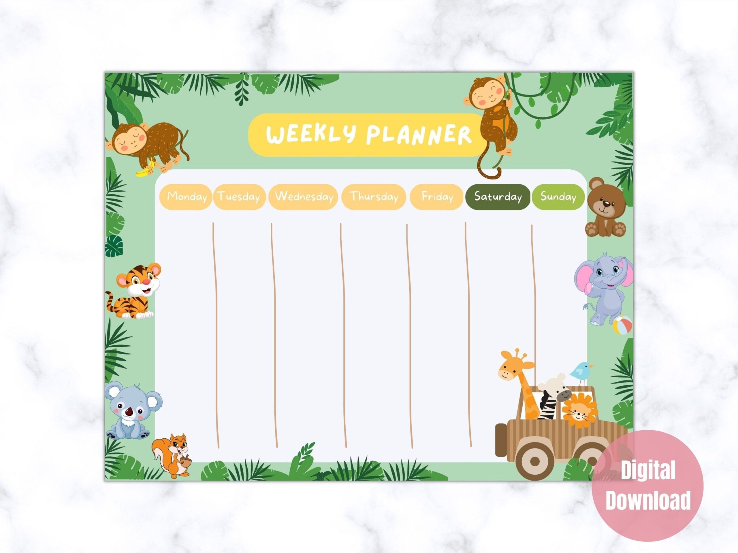 Safari Theme Kids Weekly Planner Zoo Animals Kids Daily Calendar Wildlife Animals Kids Weekly Calendar Kids Schedule