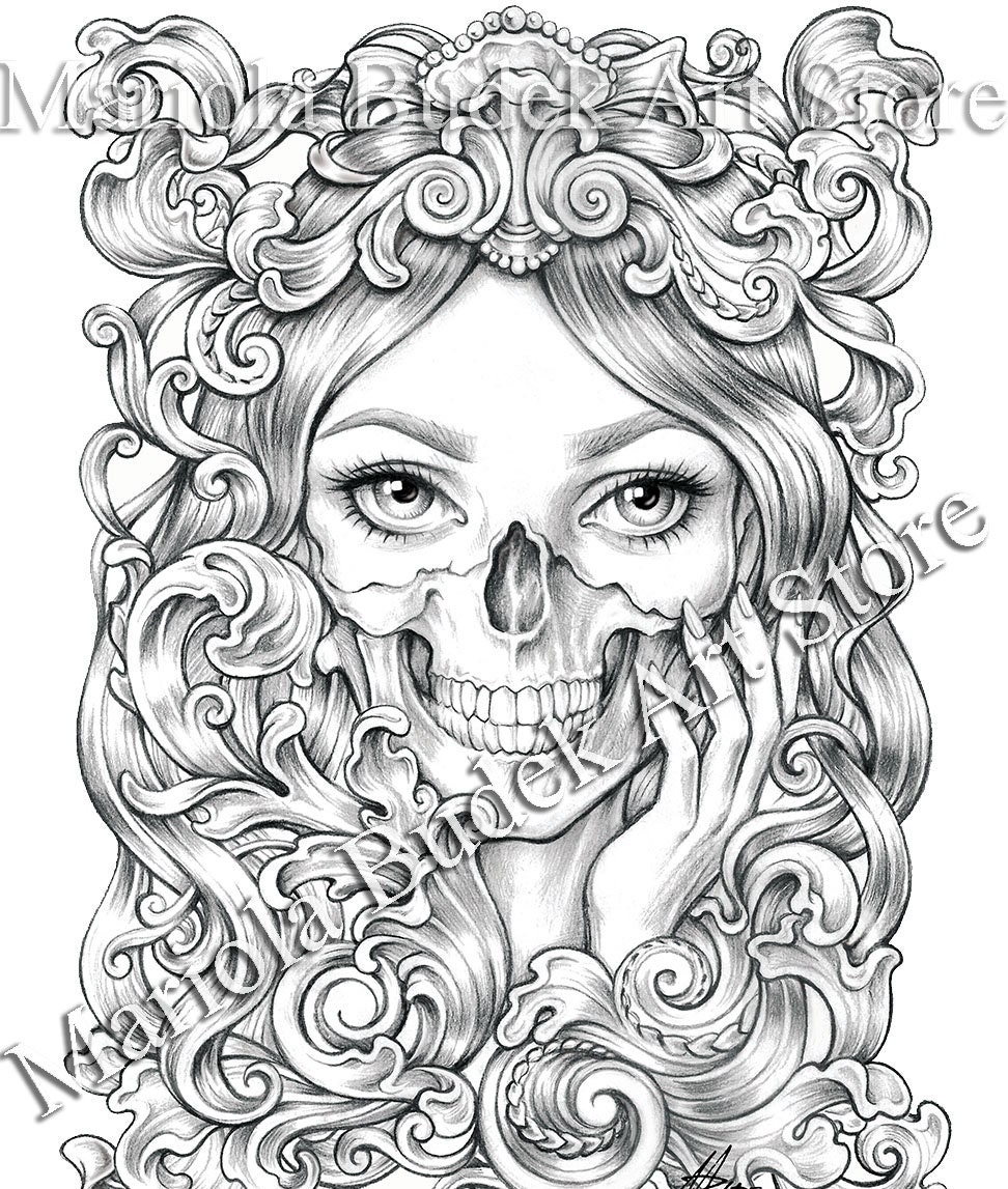 Skull Mariola Budek Premium Coloring Page Printable Adult Colouring Pages Book Instant Download Grayscale Illustration PDF Etsy