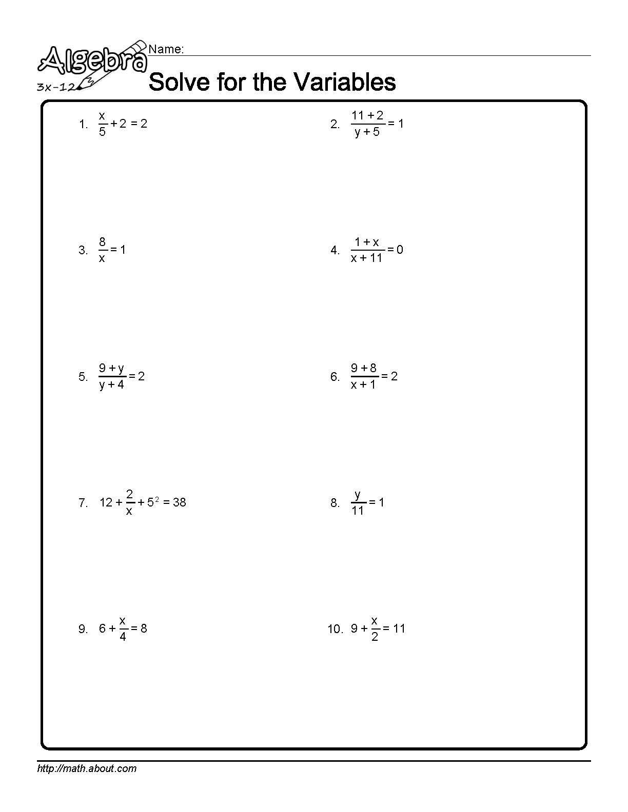 Solve For The Variables Worksheet 1 Of 10