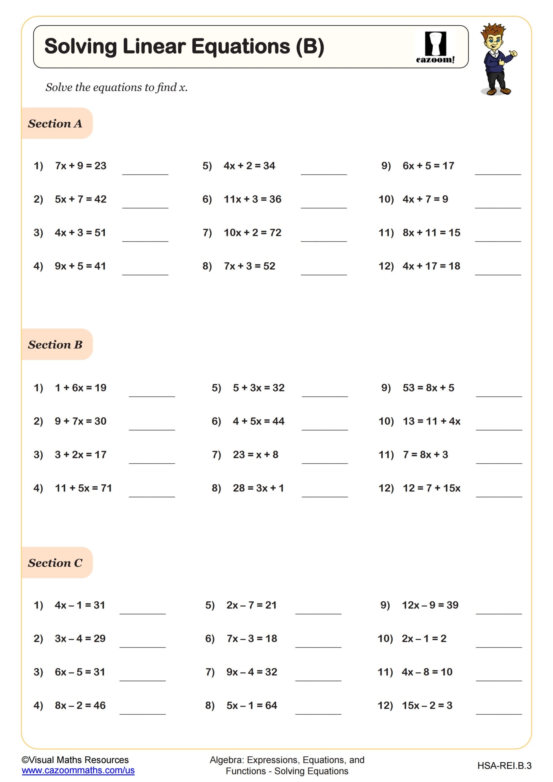 Solving Linear Equations B Worksheet PDF Printable Algebra Worksheet Solving Linear Equations B Worksheet PDF Printable Algebra Worksheet