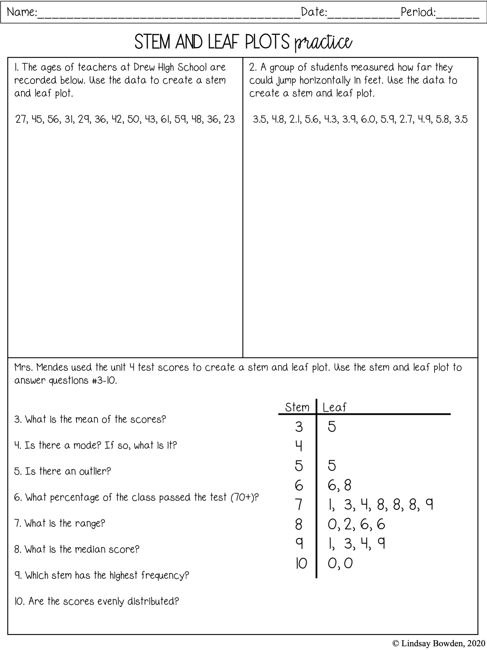 Stem And Leaf Plots Notes And Worksheets Lindsay Bowden Worksheets Library