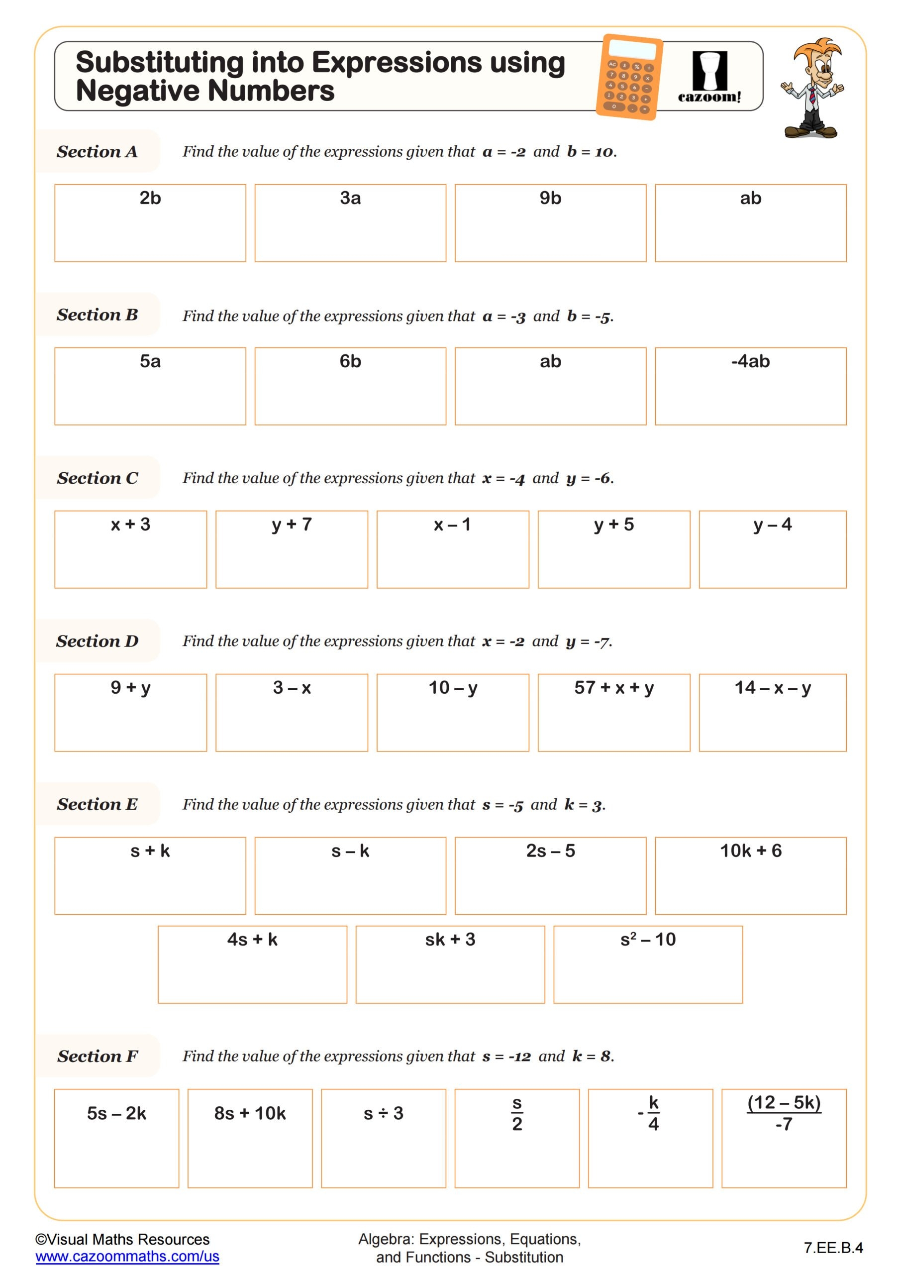 Substuting Into Expressions Using Negative Numbers Worksheet PDF Printable Algebra Worksheet
