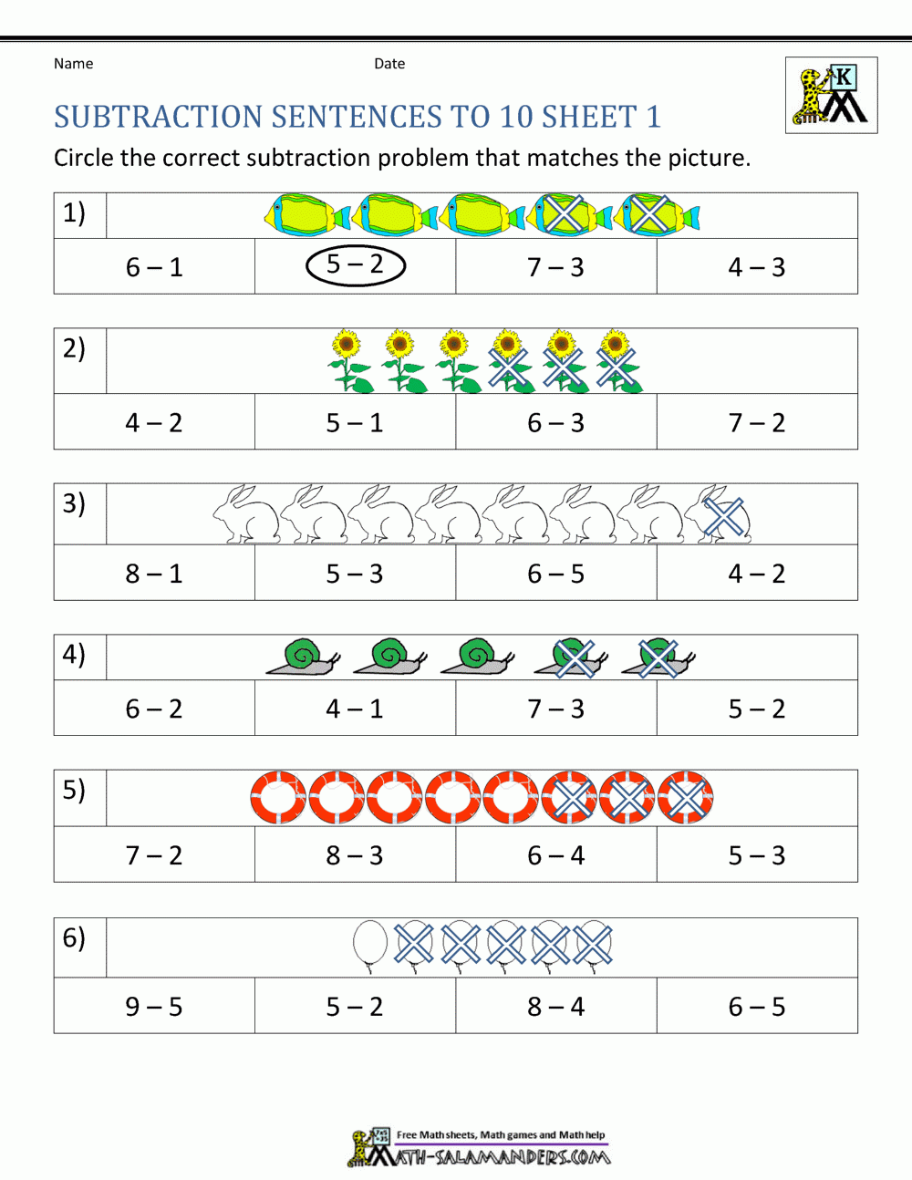 Subtraction To 10 Worksheets