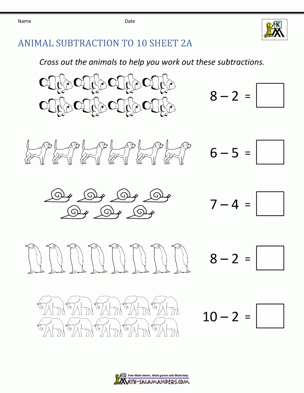 Subtraction To 10 Worksheets