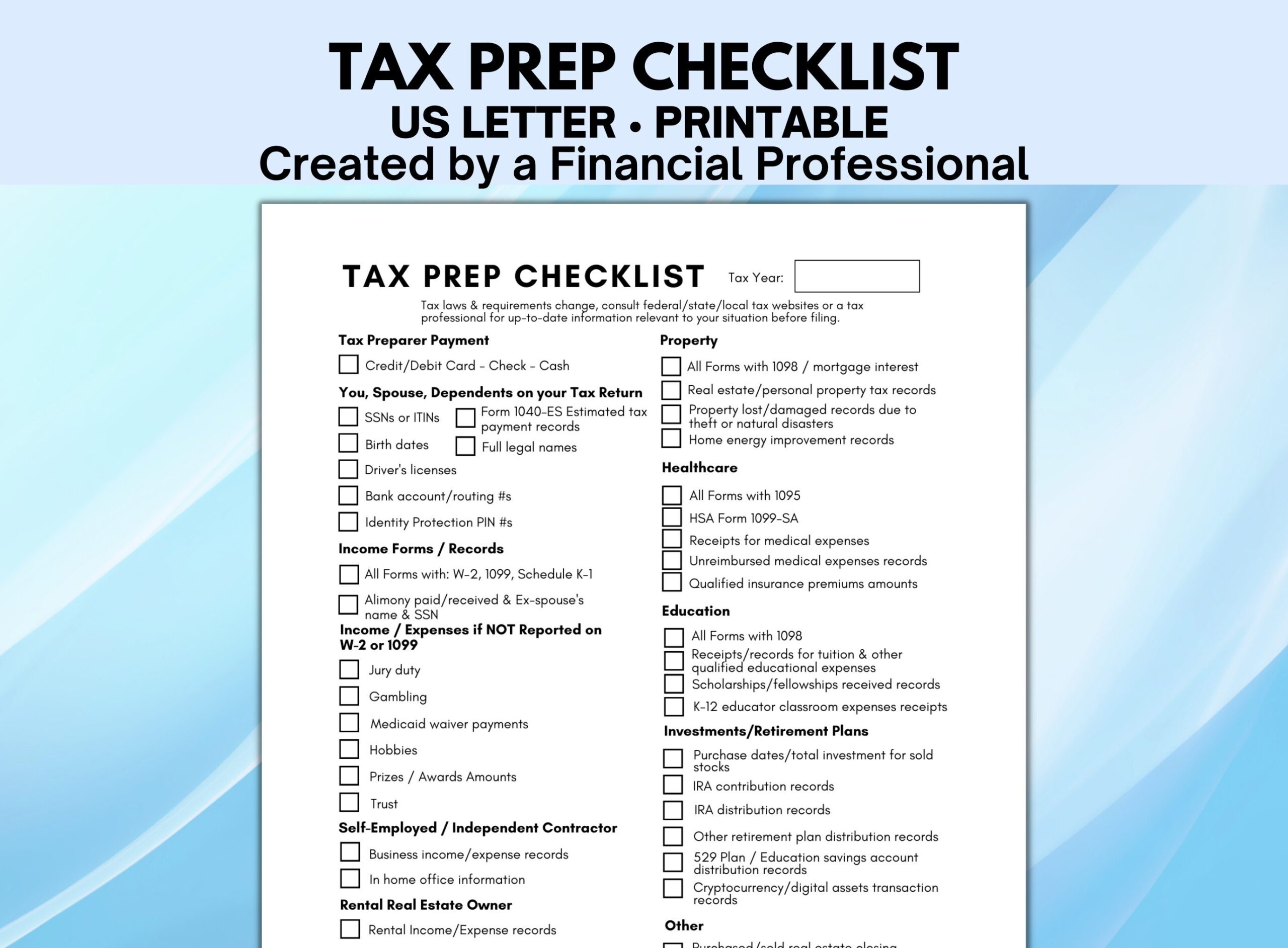 Tax Prep Checklist Tax Checklist Tax Organizer Tax Preparation Tax Planner Etsy