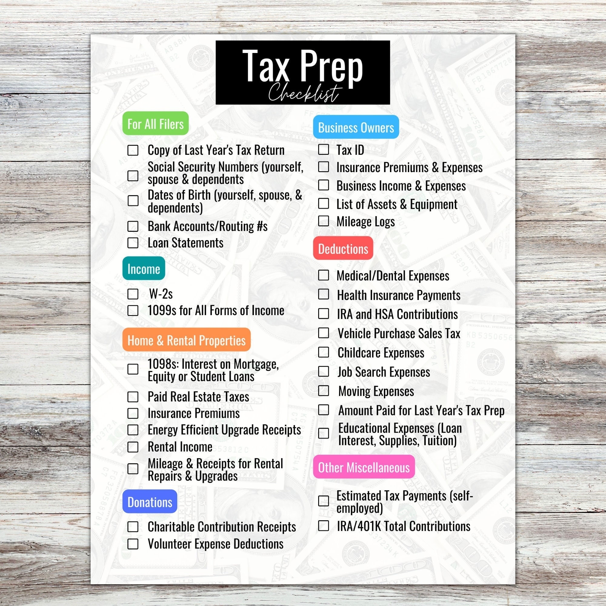 Tax Prep Checklist Tracker Printable Tax Prep 2023 Tax Checklist Tax List Tax Tracker Etsy
