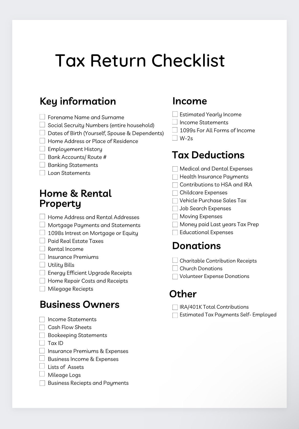 Tax Return Checklist tax Prep tax Deductions tax Prep Checklist tax Log tax Return Template tax Return tax Template tax List tax Return Etsy