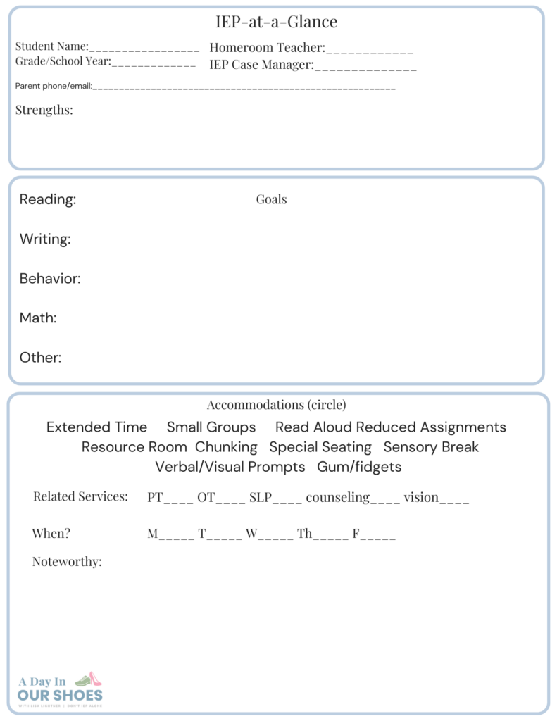 Iep At A Glance Printable Form
