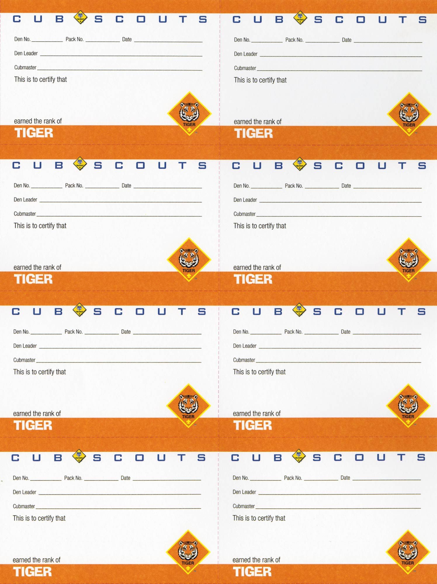 Tiger Pocket Certificates 8 Sheet Boy Scouts Of America Tiger Pocket Certificates 8 Sheet Boy Scouts Of America