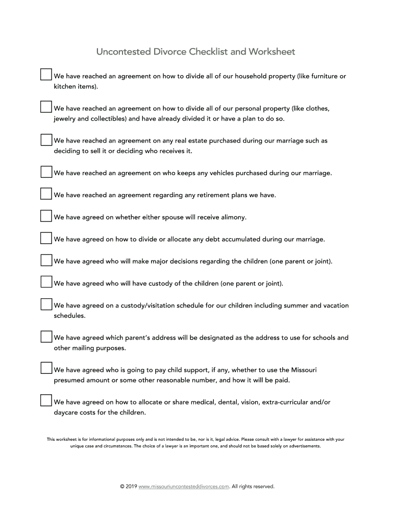 Printable Misouri Non Contested Divorce Forms