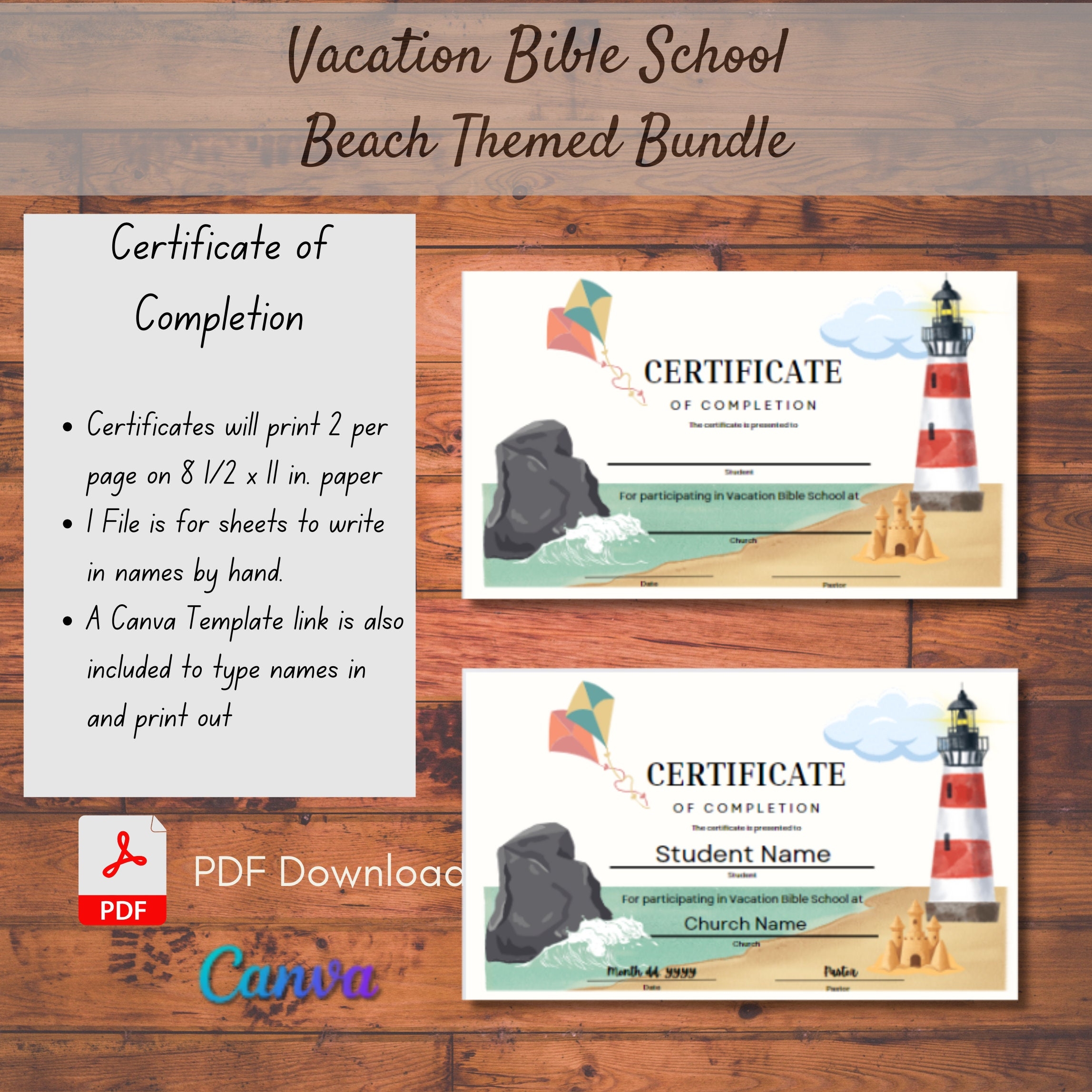 Vacation Bible School Beach Themed Bundle Name Tag Completion Certificate Volunteer Appreciation Cards Blank Signs Etsy