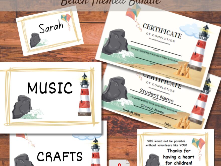 Vacation Bible School Beach Themed Bundle Name Tag Completion Certificate Volunteer Appreciation Cards Blank Signs Etsy