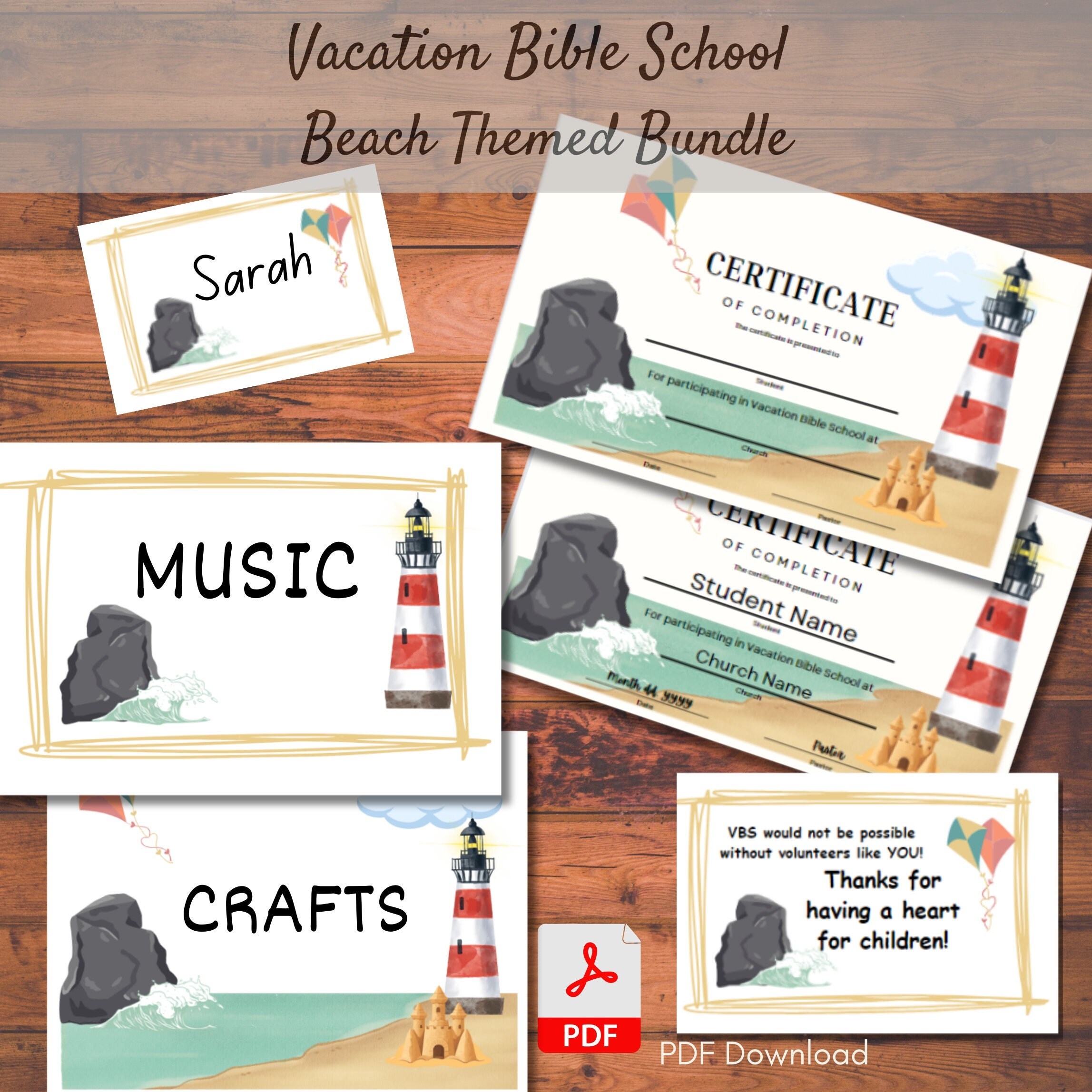 Vacation Bible School Beach Themed Bundle Name Tag Completion Certificate Volunteer Appreciation Cards Blank Signs Etsy
