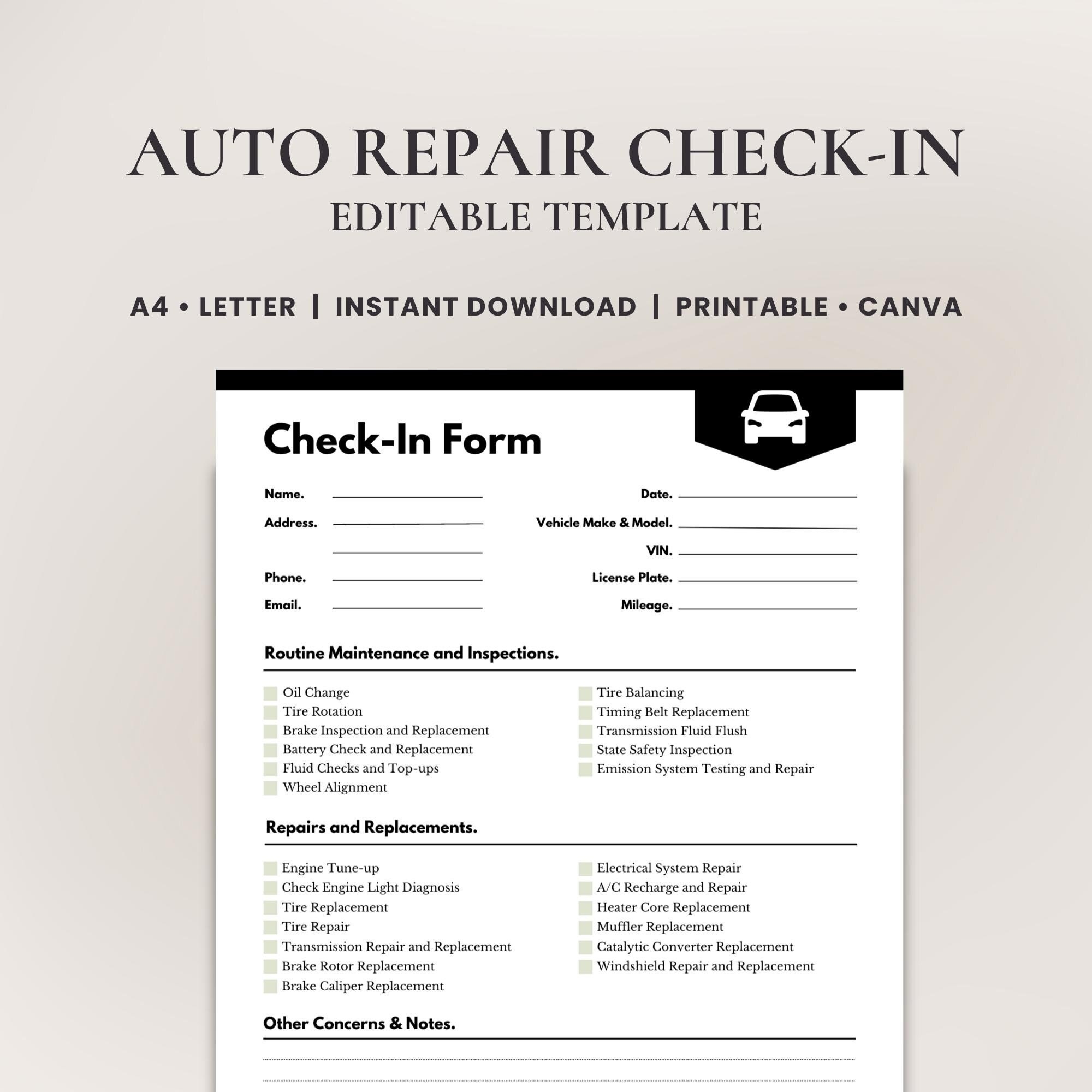 Vehicle Check In Sheet Auto Repair Intake Form Customer Check In Sheet Template Car Repair Vehicle Maintenance Client Intake Form Canva Etsy Vehicle Check In Sheet Auto Repair Intake Form Customer Check In Sheet Template Car Repair Vehicle Maintenance Client Intake Form Canva Etsy