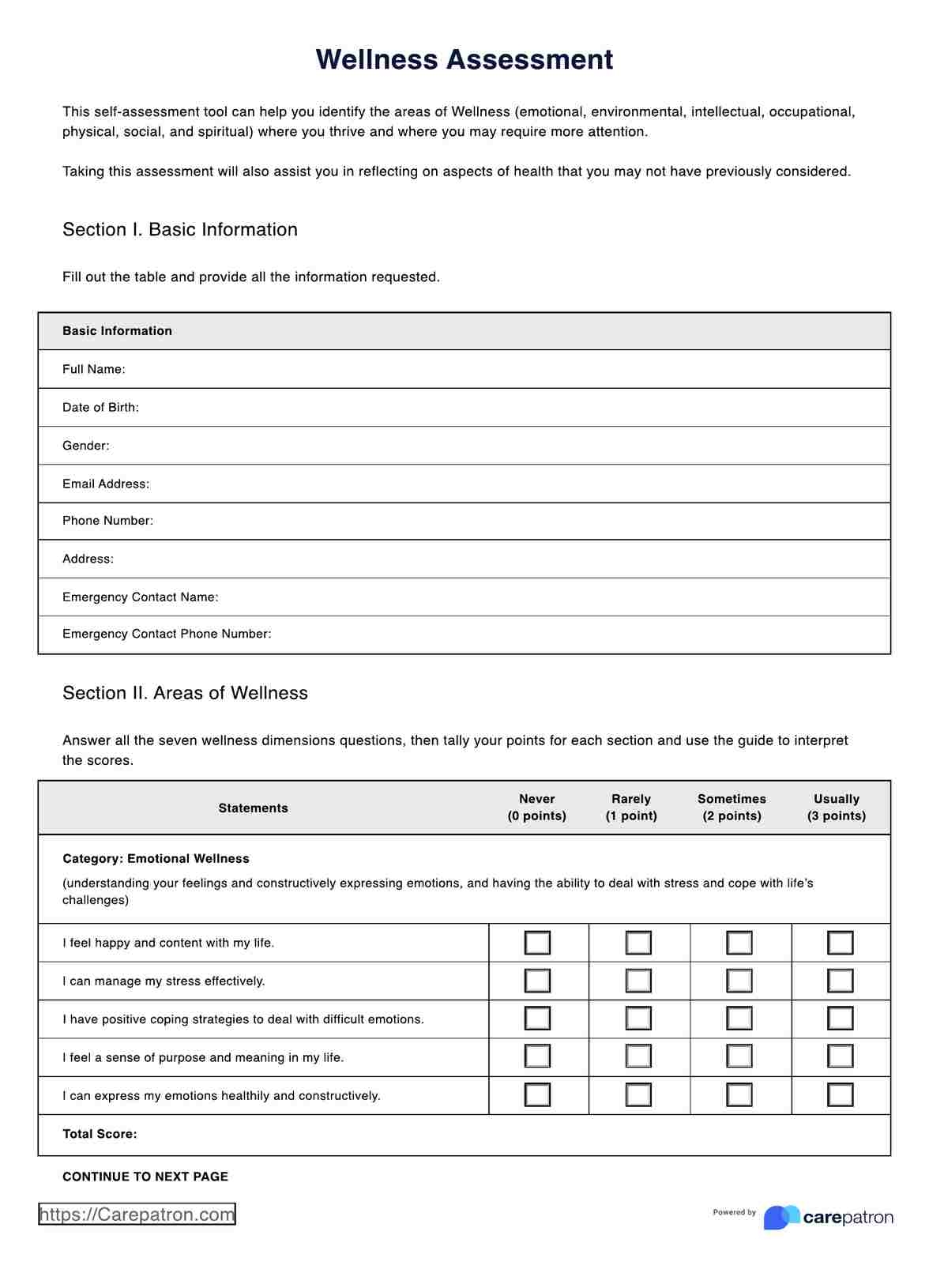 Wellness Assessment Example Free PDF Download