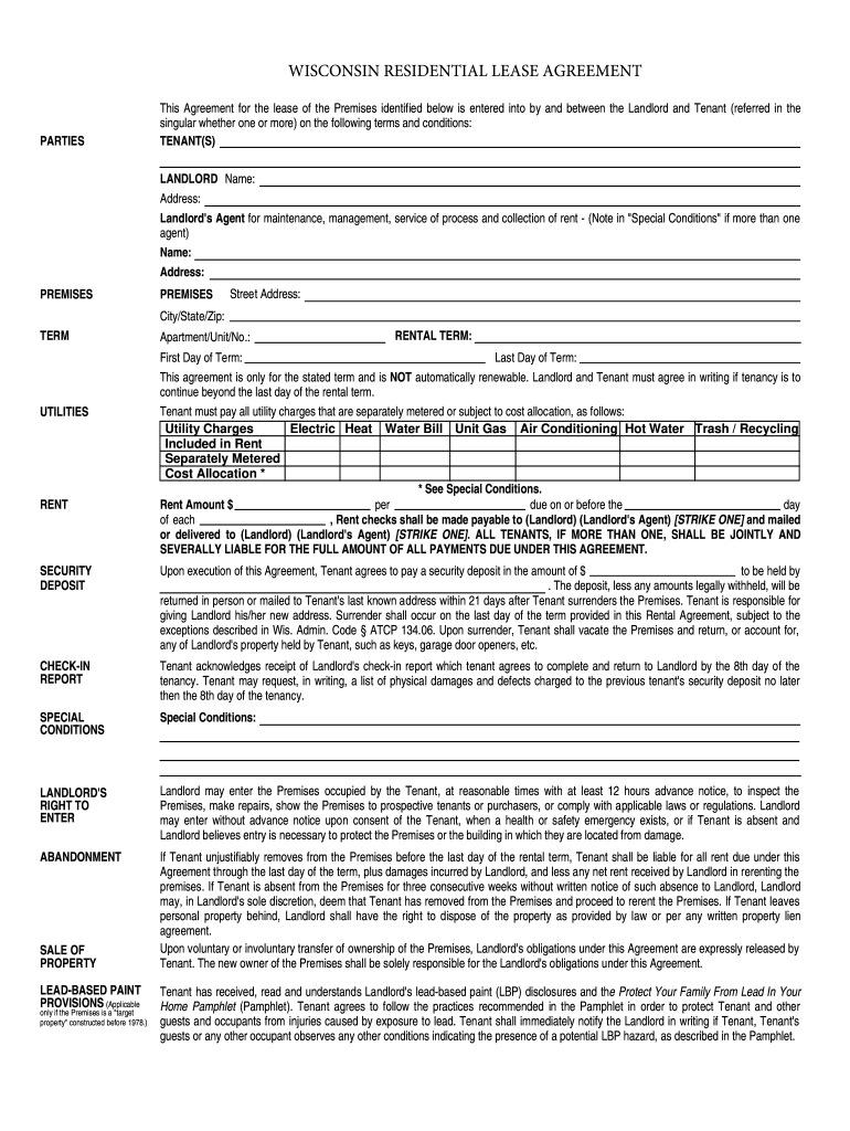 Wisconsin Residential Lease Agreement Fill Online Printable Fillable Blank PdfFiller