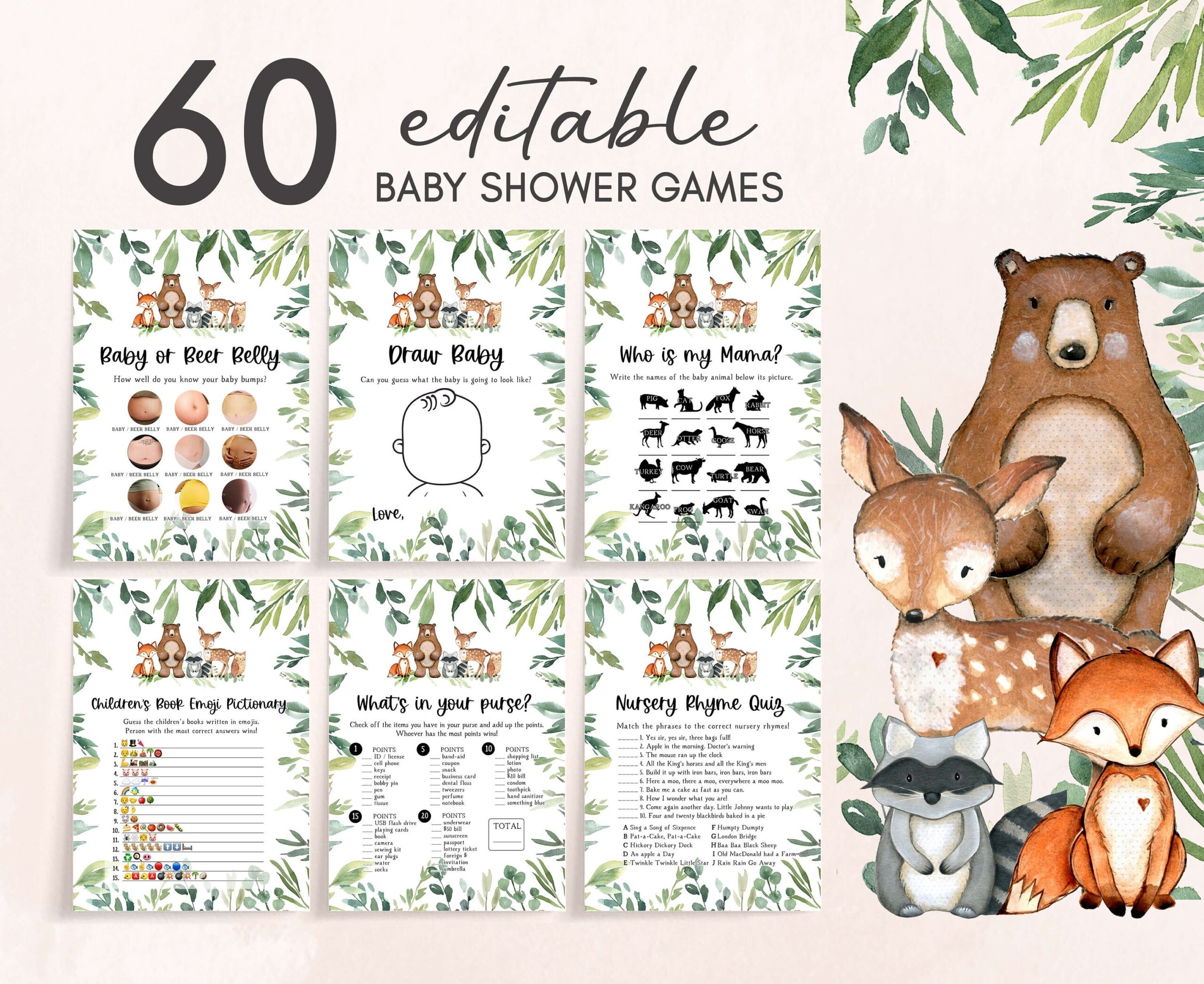 Woodland Baby Shower Games Bundle Greenery Woodland Animals Game Package Wild Forest Animals Printable Shower Games Template 0168 Etsy Woodland Baby Shower Games Bundle Greenery Woodland Animals Game Package Wild Forest Animals Printable Shower Games Template 0168 Etsy