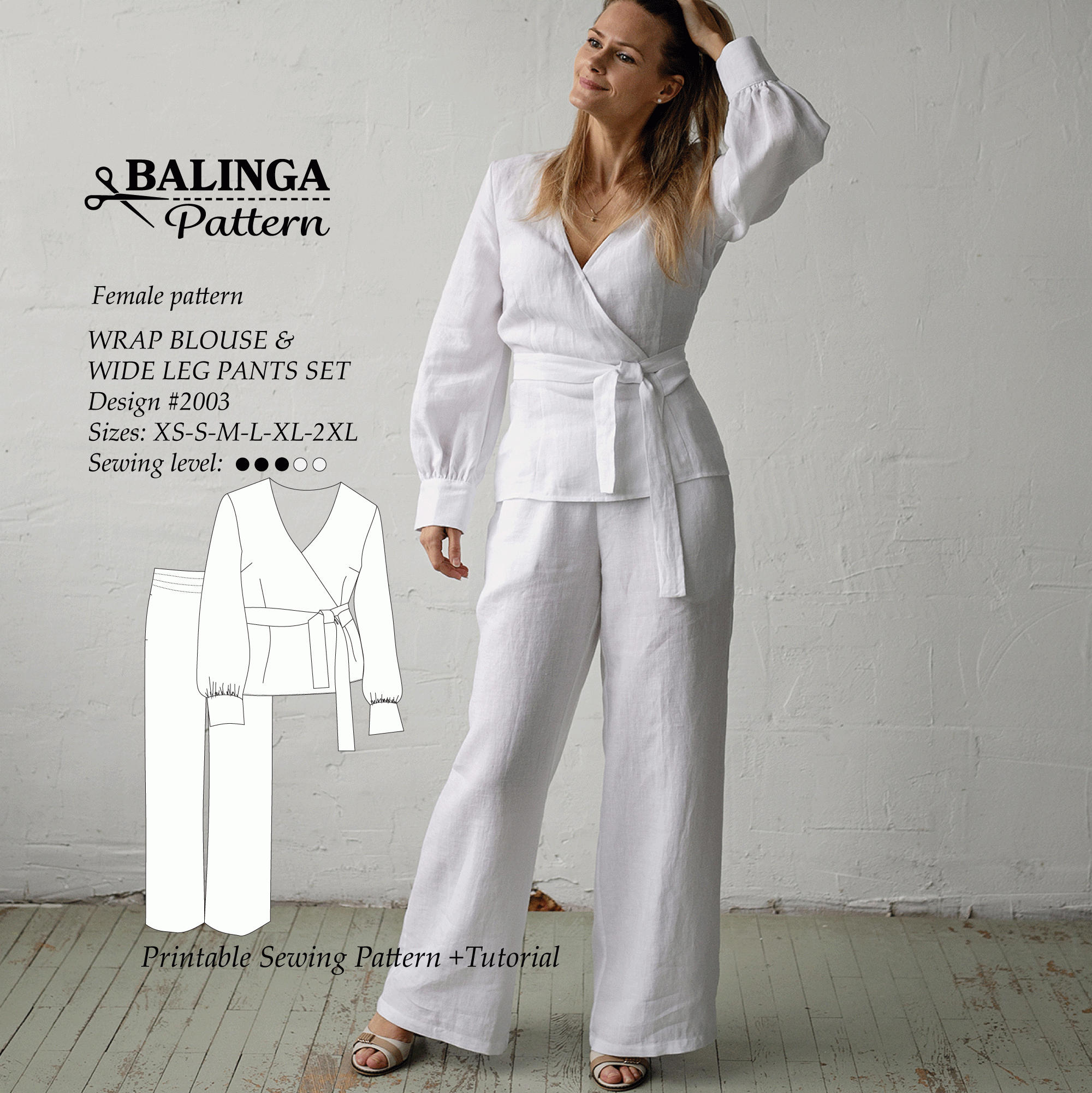 Wrap Blouse Wide Leg Pants Set XS 2XL Sizes Digital Sewing Patterns 