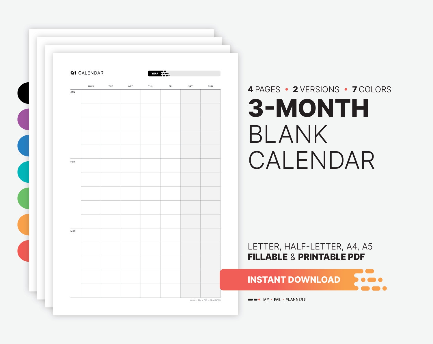 Yearly 3 month Calendar Quarterly Fillable Planner Template Yearly Monthly Wall Calendar Printable Letter Half letter A4 A5 PDF Etsy