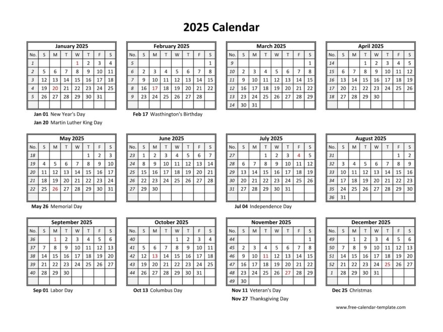 Yearly Calendar 2025 Printable With Federal Holidays Free calendar template
